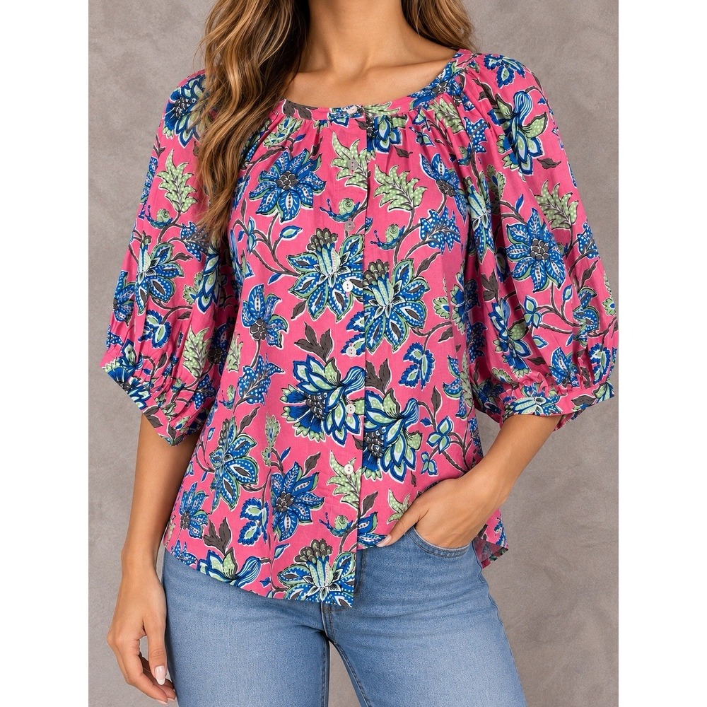 Printfresh Botanical Blouse Womens Small Pink Floral Puff Sleeve Boho Peasant
